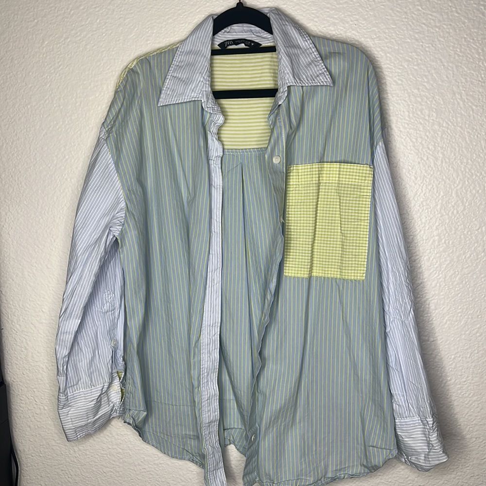 Zara color block long sleeve cotton shirt